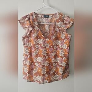 MILK AND HONEY Faded Glory Flutter Sleeve Ruffled Blouse in Orange and Pink